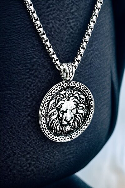 AK STORE SİLVER Gümüş Kaplama K-125 Krom-Çelik Erkek Kolyesi Yuvarlak Çerçeve İçinde Aslan Kral Madalyon