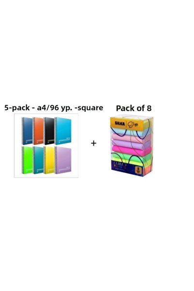 Gıpta Fresco (5 Pieces Pack) A4 96 Sheets 5 Plaids Plastic Cover Notebook + Eraser Pastel Eraser 8 Pieces