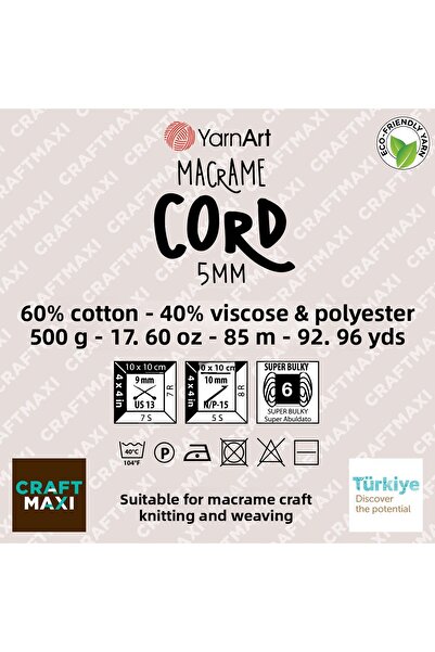 Yarnart Κορδόνι Macrame 5 mm - Μακραμέ Χειροποίητο Νήμα Πλεξίματος Anthracite-758