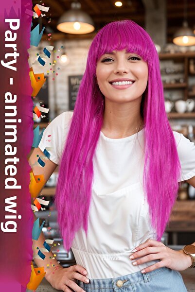 KONAK PERUK Perucă sintetică din fibre lungi fucsia cu breton - petrecere / a...