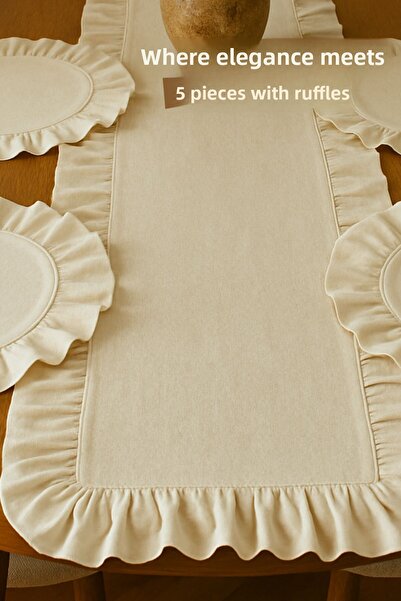 KAMİZ 5 Piece Dowry Set with Ruffles - Ruffled Linen Runner 4 Pieces Ruffled American Service Supla Presentation