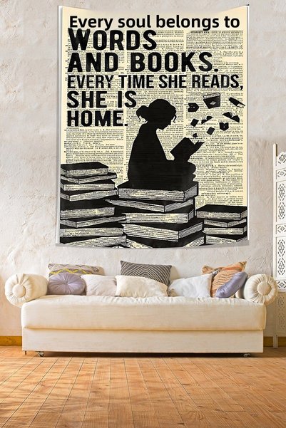 Latibule Newspaper Print Girl Reading a Book Stain Resistant Fabric Wall Clot...