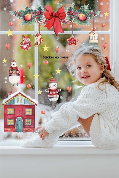 Sticker Ekspres Christmas Bow House And Snowman New Year Glass Door Wall Stic...