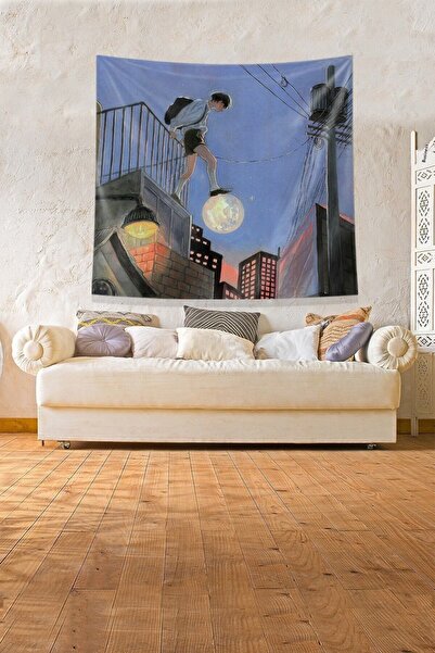 on the clouds Multicolor Children Walking on the Moon Stain Resistant Velvet Fabric Wall Cloth Wall Carpet Tapestry