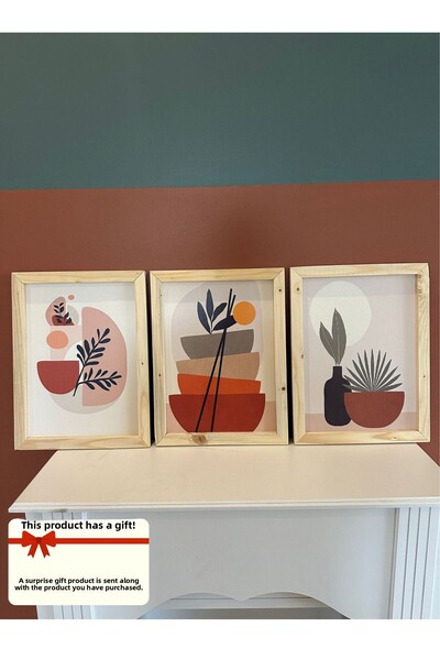 NT Handmade Set de pictură din 3 frunze boeme cu cadru din lemn natural Decor...