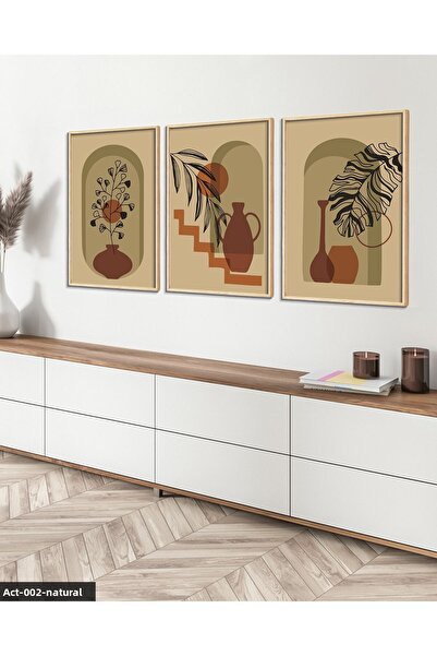 Evinemoda 3 Piece Bohemian Style Vase Flower Wooden Framed Painting