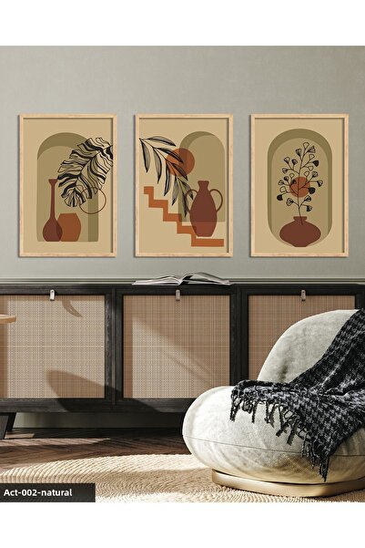 Evinemoda 3 Piece Bohemian Style Vase Flower Wooden Framed Painting