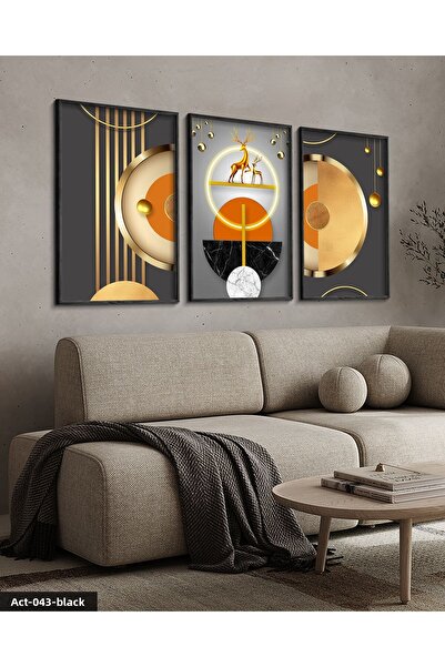 Evinemoda Auriu, cerb, geometrie, abstract, neon 3 piese pictură neagră cu ca...