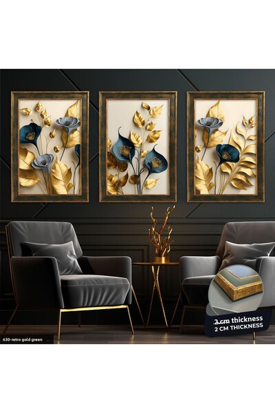 Evinemoda Gold and Blue Flowers 3 Piece Framed Painting Cvplk