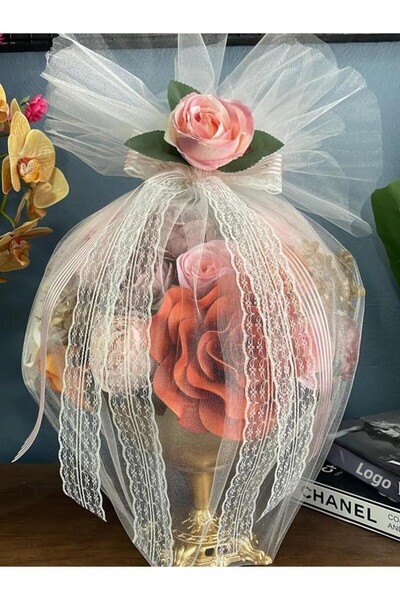 Nettenevime Artificial Flower Latex Arrangement Table Top Flower Arrangement with Tulle Square Footed Round Metal Gold Vase