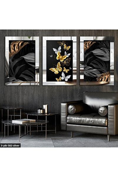 Evinemoda Masa cu oglinda din plexiglas cu flori si fluturi argintie 3 piese