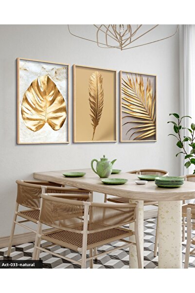 Evinemoda Gold Leaf Feather 3 Piece Wooden Framed Painting Act