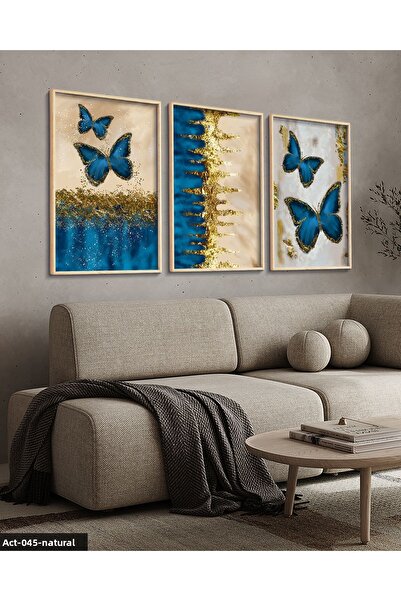 Evinemoda Blue Butterfly Gold Glittering 3 Piece Wooden Framed Painting Act