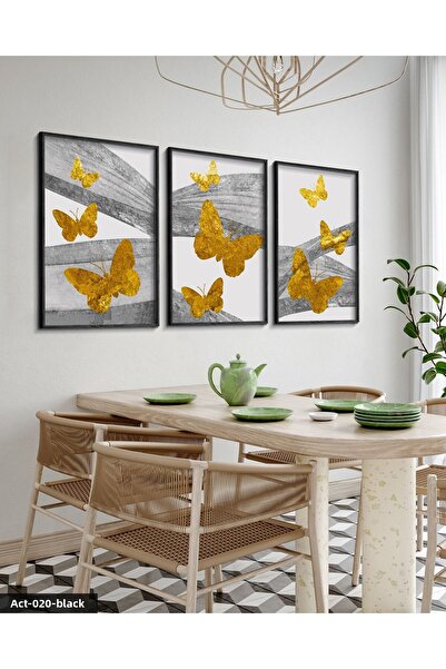 Evinemoda Gold Butterflies Abstract Background 3 Piece Black Wooden Framed Painting Act