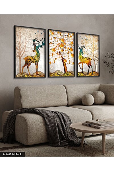 Evinemoda Căprior colorat, copac colorat 3 piese Pictură cu cadru din lemn ne...