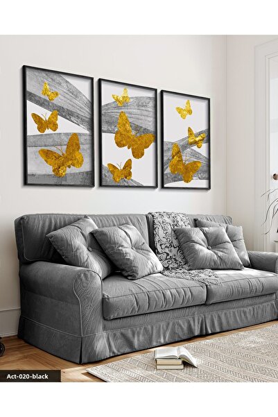 Evinemoda Gold Butterflies Abstract Background 3 Piece Black Wooden Framed Painting Act