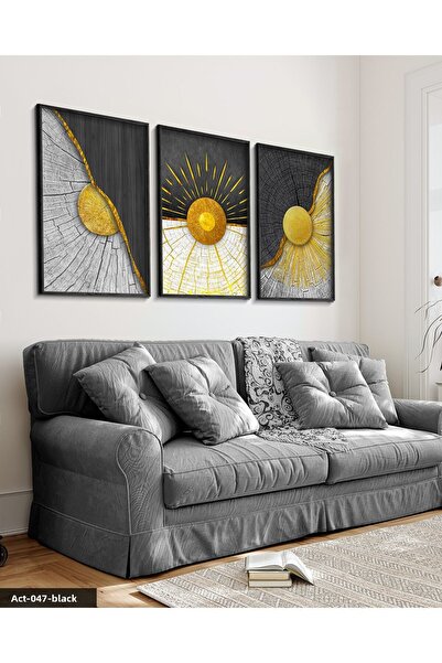 Evinemoda Абстрактна картина от 3 части с шарка на златни вени, черна дървена...