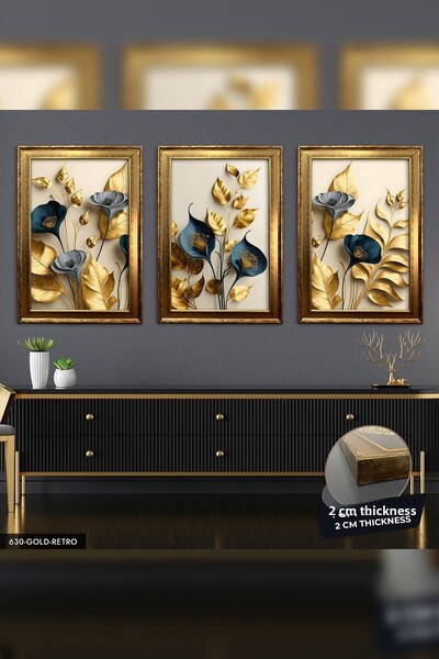 Evinemoda Gold and Blue Flower Painting - 3-Piece Gold Retro Framed Painting Cvplk