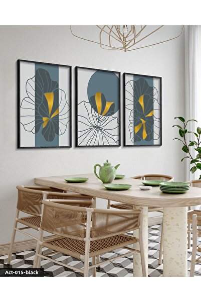 Evinemoda Drawing Flowers 3 Piece Black Wooden Framed Painting Act