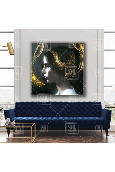 SML TABLO Φλοράλ Χρυσό Κεφάλι Λευκό Φόρεμα Κορίτσι Τετράγωνο Πίνακας Καμβά