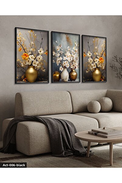 Evinemoda Flowers in a Vase 3 Pieces Black Wooden Framed Painting Act