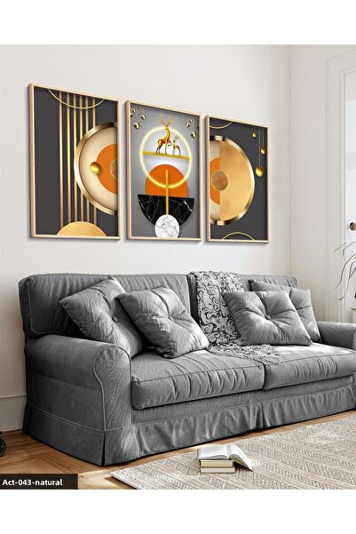 Evinemoda Gold, Deer, Geometry, Abstract, Neon 3 Piece Wooden Framed Painting Act