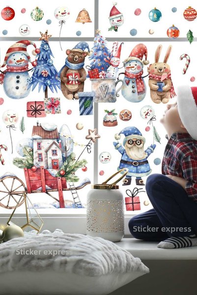 Sticker Ekspres مجموعة ملصقات حائط لباب زجاجي لعيد الميلاد ورأس السنة الجديدة من Merry Friends