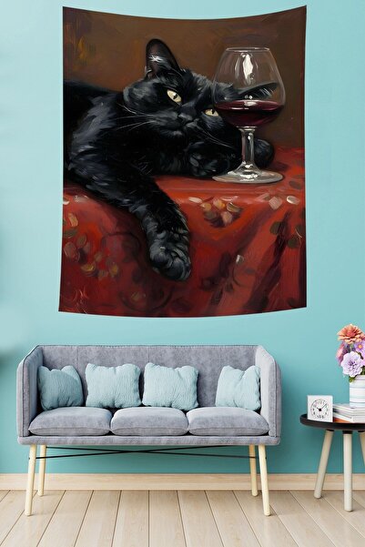 Pelangi النبيذ والقطة السوداء في الزجاج مضحك قماش مقاوم للبقع قماش جدارية Tap...