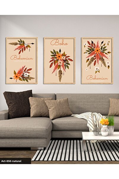 Evinemoda Boho Style, Floral, 3 Piece Wooden Framed Painting Act