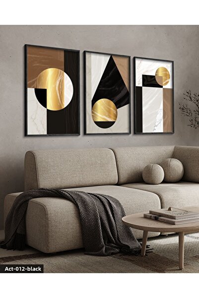Evinemoda 3 Pieces Black Wooden Framed Painting of Gold Abstract Patterns Act