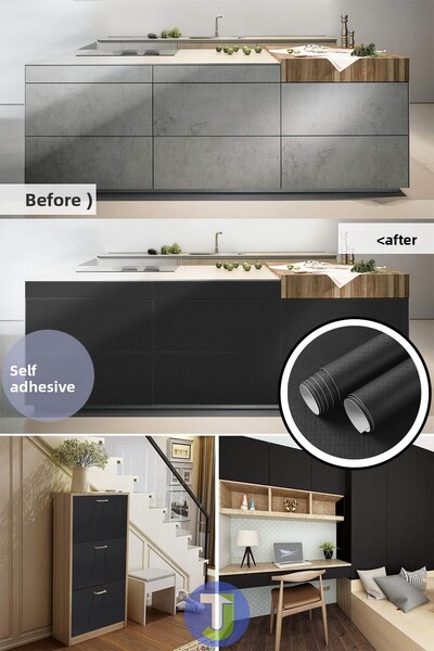 Technojet Self Adhesive Matte Black Kitchen Bathroom Countertop Wall Cabinet And Table Covering 60cmx300cm