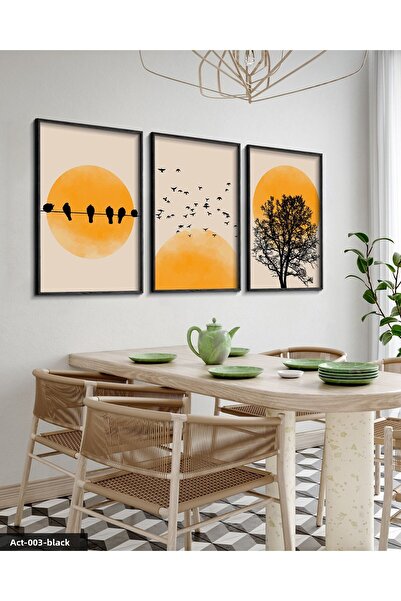 Evinemoda Abstract Nature Tree Birds Sun 3 Piece Black Wood Framed Painting Act