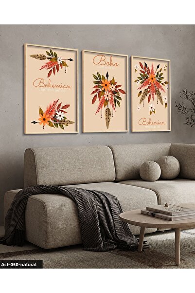 Evinemoda Boho Style, Floral, 3 Piece Wooden Framed Painting Act