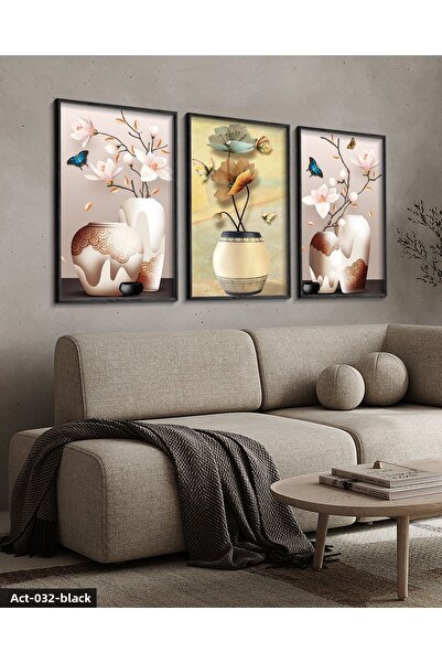 Evinemoda Flowers in a Vase 3 Pieces Black Wooden Framed Painting Act
