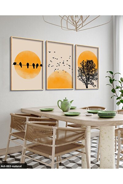 Evinemoda Abstract Nature Tree Birds Sun 3 Piece Wooden Framed Painting Act