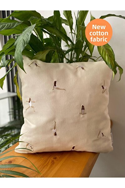 RahanDesign Husă de pernă din bumbac brodată cu model yoga - 43*43cm - Față d...