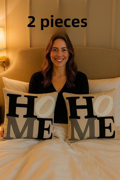 HD HOME COLLECTİON (2 Pieces) Linen Fabric Home Pattern Embroidered Punch Thr...