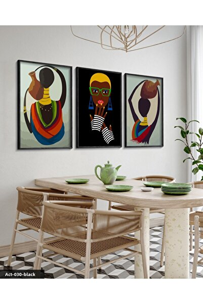 Evinemoda Ethnic African Women 3 Piece Black Wooden Framed Painting Act