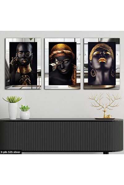Evinemoda Femei africane Tablou cu oglindă din plexiglas argintiu 3 piese