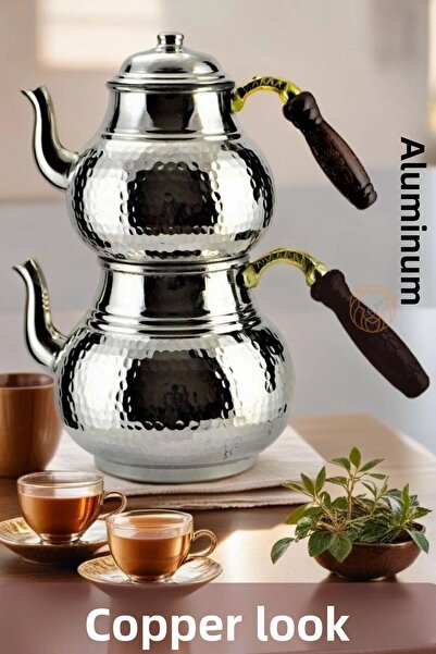 qpazar إبريق شاي ذو مظهر نحاسي من الألومنيوم