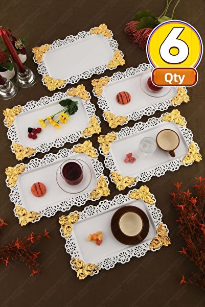 AKSESUAR EVRENİ Oro White Lace Edged Carved Detailed Rectangular 6-Piece Decorative Presentation Tray