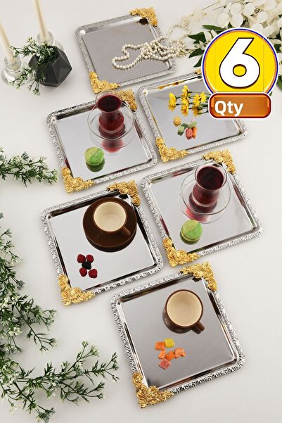 AKSESUAR EVRENİ صينية تقديم مربعة مزخرفة من الفولاذ المقاوم للصدأ بنمط زهرة ذهبية فضية من SOLE مكونة من 6 قطع