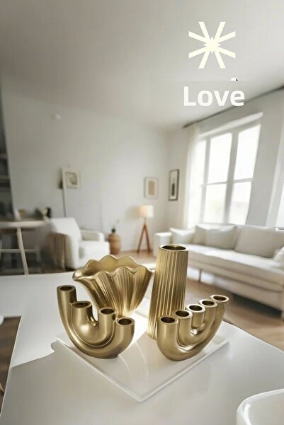 SEVMİNE ✨ Σετ Βάζα και Κηροπήγια Golden Ahenk 4 τεμαχίων – Σειρά Bohemian & Scandinavian Gold Decor