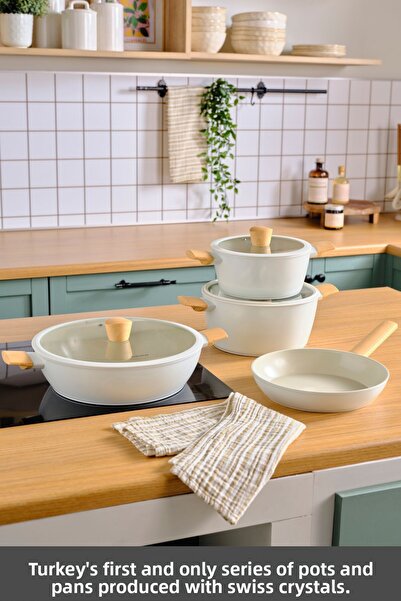 Karaca X Refika Swiss Crystal Almond Cream Induction Base 7 Piece Pot and Pan Set