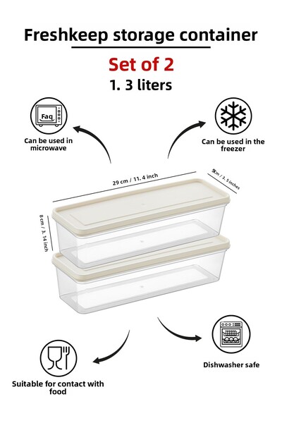 Mefa Mutfak Refrigerator Organizer Storage Container Suitable for Microwave and Freezer 2-Piece Set-1,3 Lt-Cream
