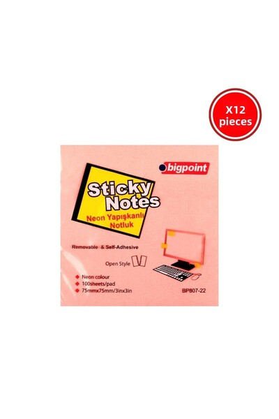 Bigpoint Αυτοκόλλητο χαρτί σημειώσεων, 12 τεμάχια, 75x75mm, ροζ νέον, 100 φύλλα