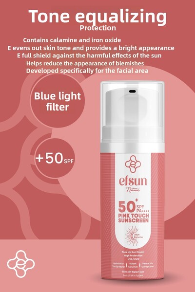 Efsun Natural Pink Touch Tone Equalizing Illuminator SPF 50+ PA++++ واقي شمسي وردي للوجه مرشح عضوي 50 مل