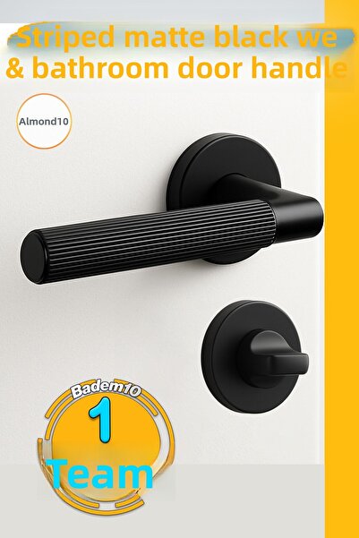 Badem10 (1 Set) Striped Matte Black Wc Bathroom Type Door Handle with Rosette Right Left Suitable Modern Interior Door with Lock