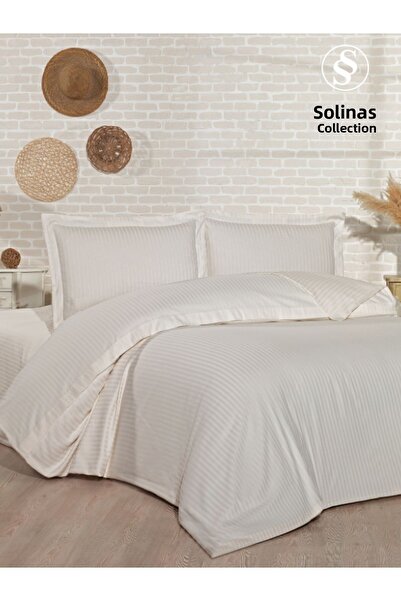Solinas Collection Natura Striped Cream 100% Cotton Satin Double Duvet Cover Set