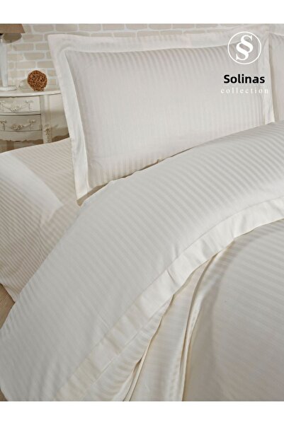 Solinas Collection Natura Striped Cream 100% Cotton Satin Double Duvet Cover Set